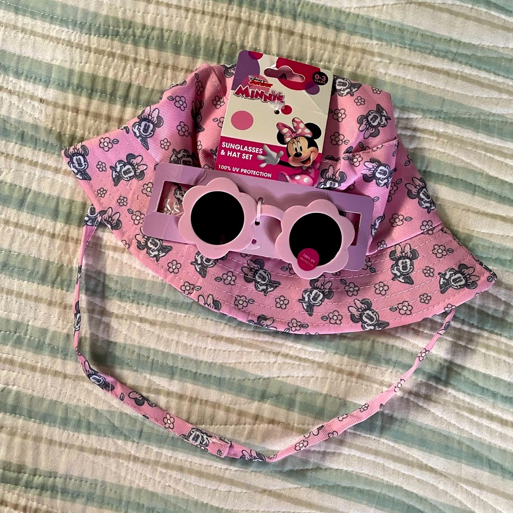 Minnie Mouse bucket/sun hat w/ flower shaped sunglasses 0-3 years baby girl NWT
